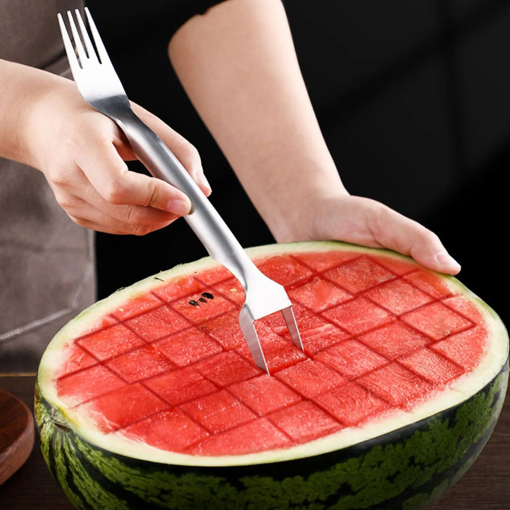 Stainless steel watermelon slicer with fork head showing 26cm length