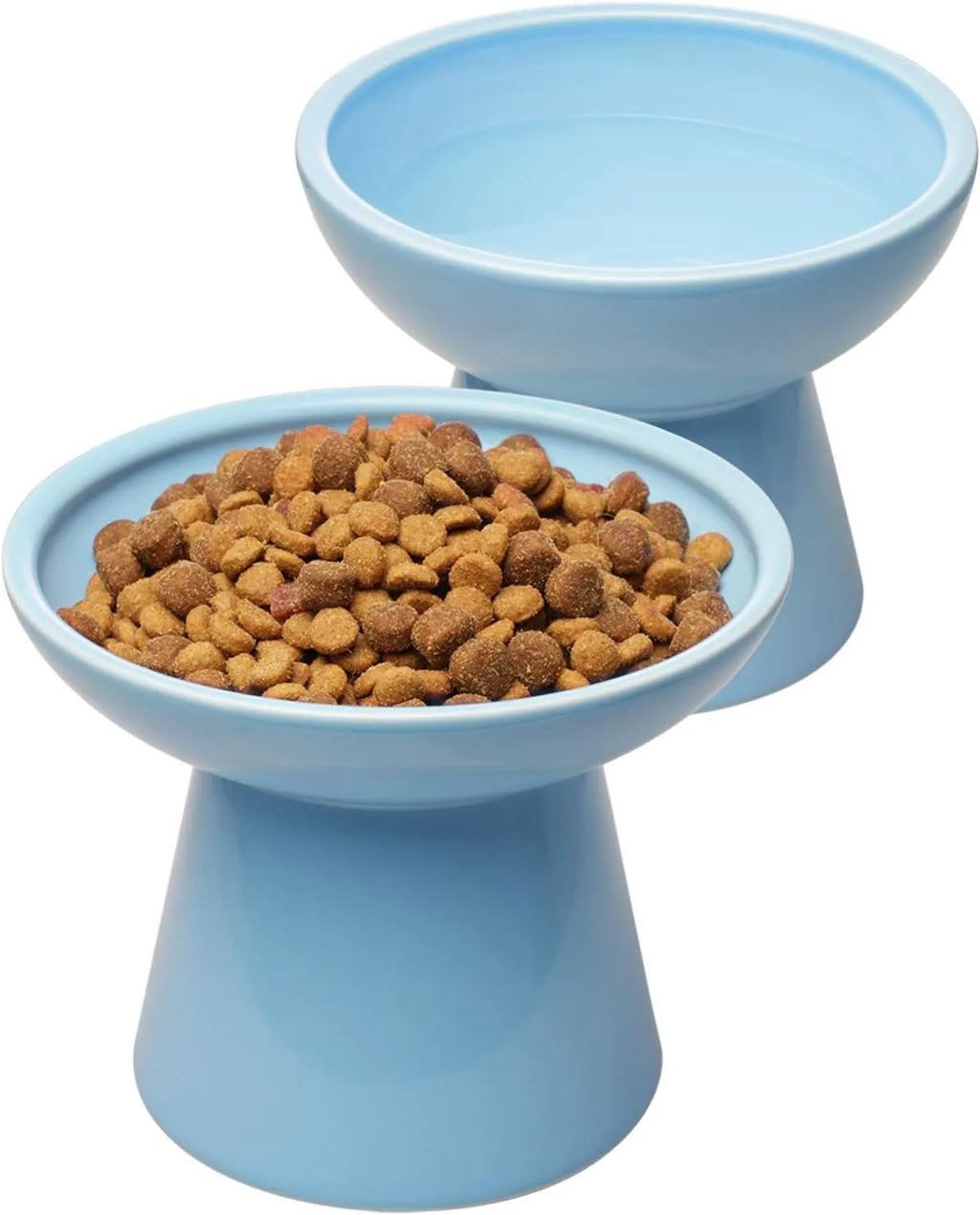 Blue ceramic elevated cat bowl with wide shallow design for comfortable feeding