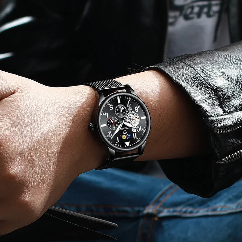 Black men's mechanical watch with moon phase indicator and luminous hands on alloy case