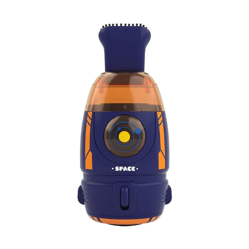 USB handheld desktop vacuum cleaner in blue rocket design on a wooden desk.