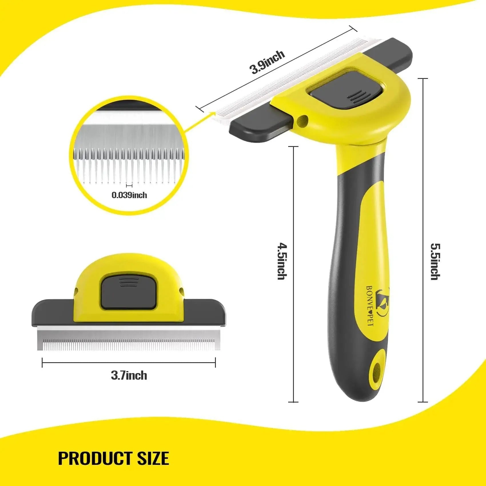 Dual-sided dog grooming comb showing stainless steel hair removal teeth and plastic knot untangling teeth
