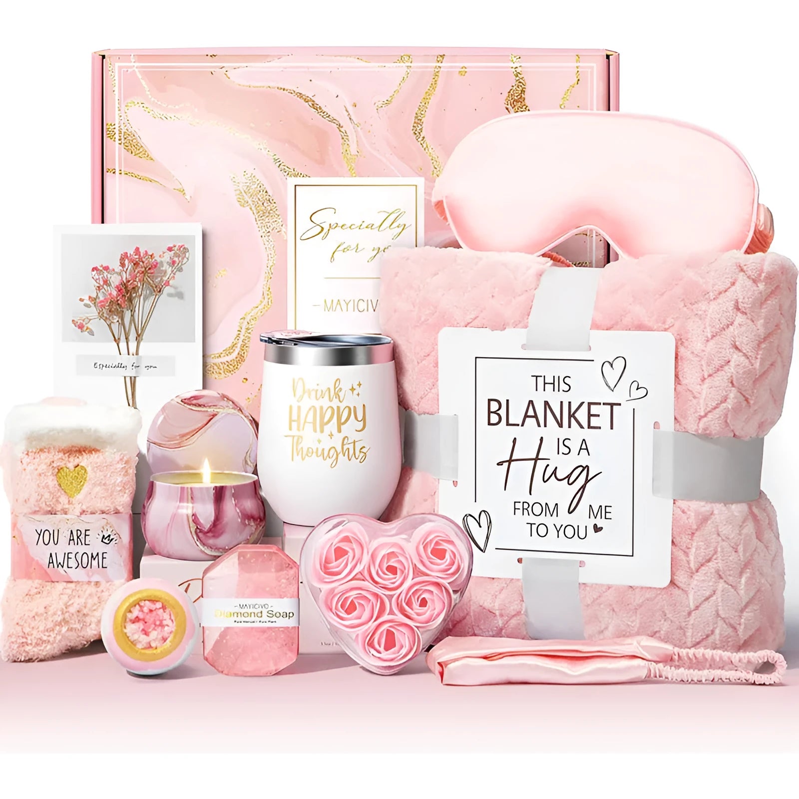 Modern plastic box containing an aromatherapy gift set with scented candles and soap bars.