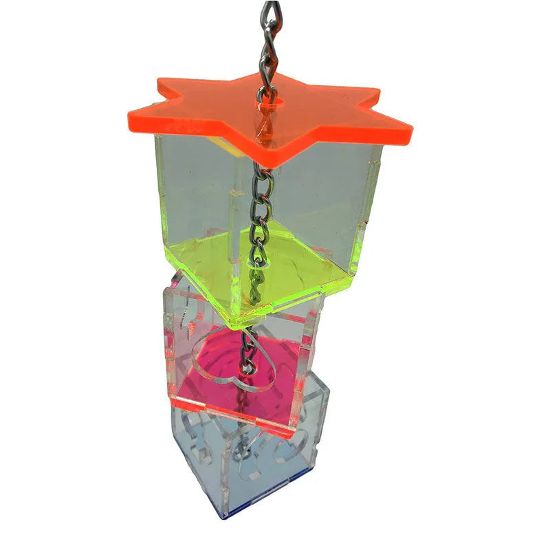 Clear acrylic parrot foraging toy for holding fruits and nuts, measuring 32 cm long.