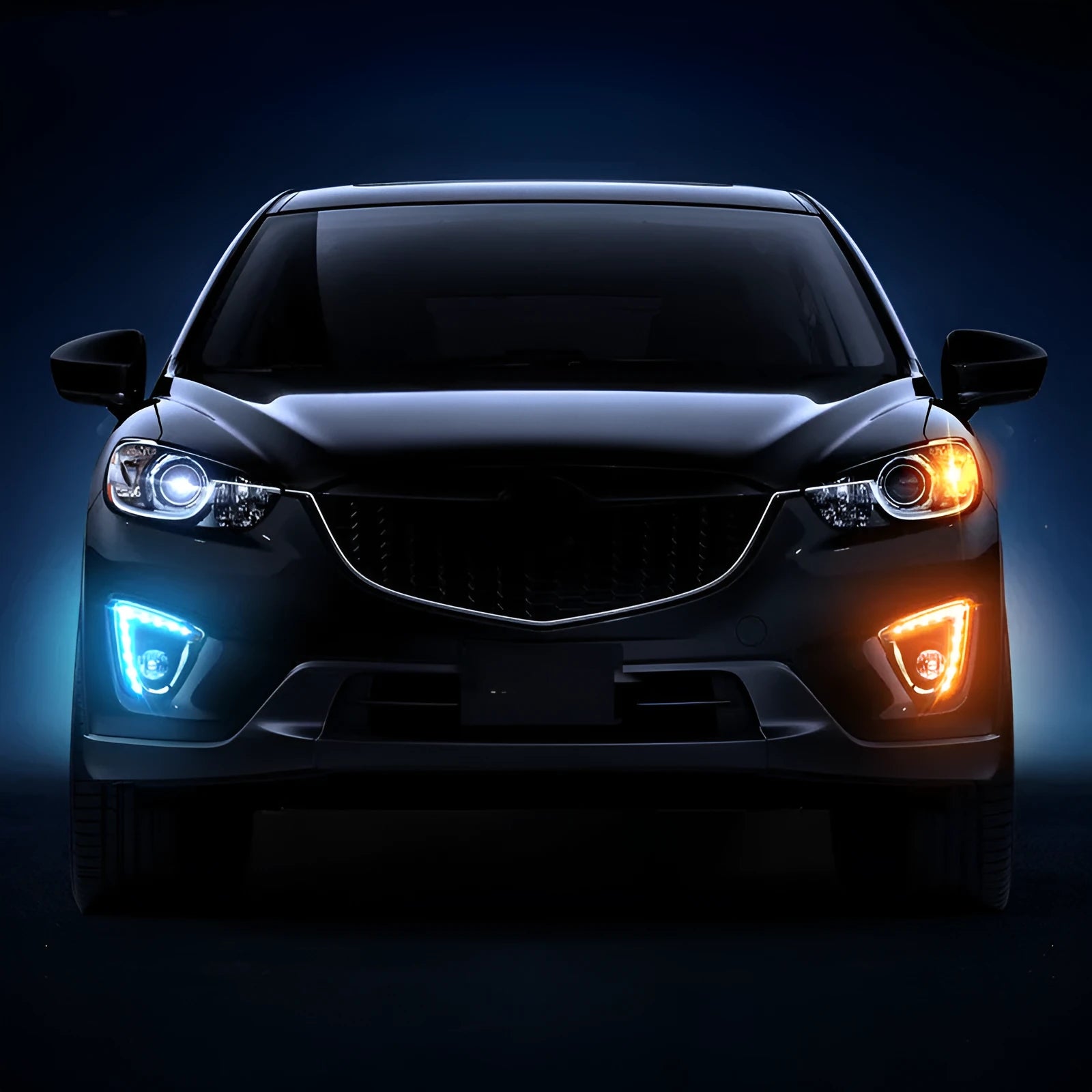 Set of two silver electroplated daytime running light units for a Mazda CX-5 car.