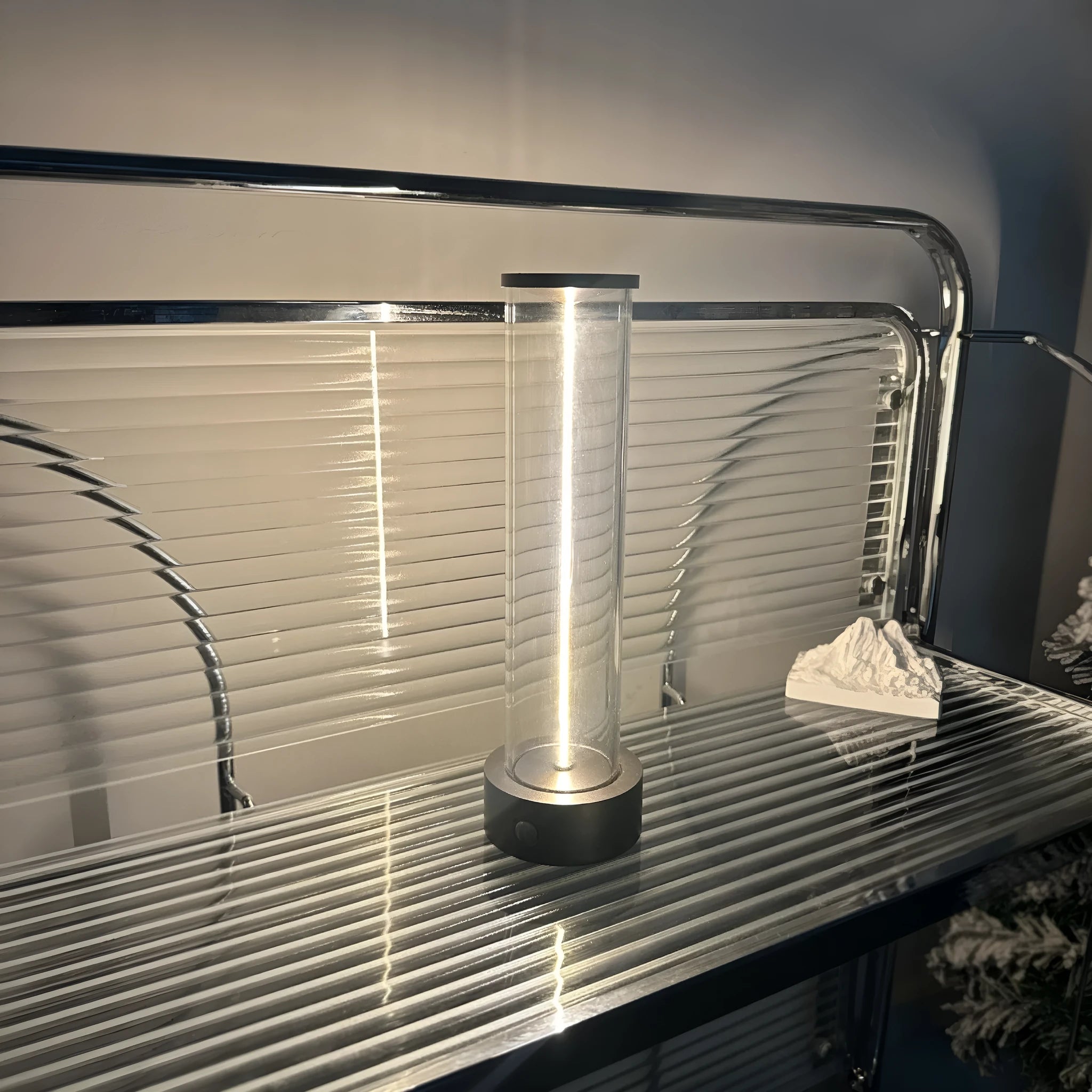 Slim modern USB rechargeable LED glass night light with magnetic back, dimensions 53mm by 234mm.