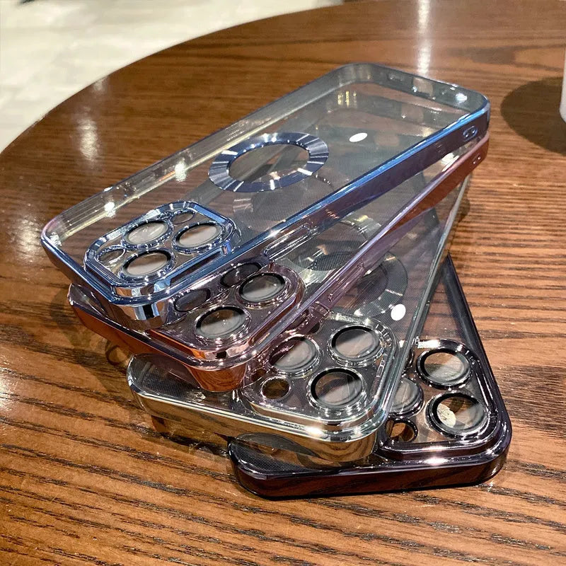 Transparent electroplated silicone iPhone case showing integrated camera lens protector and precise button cutouts