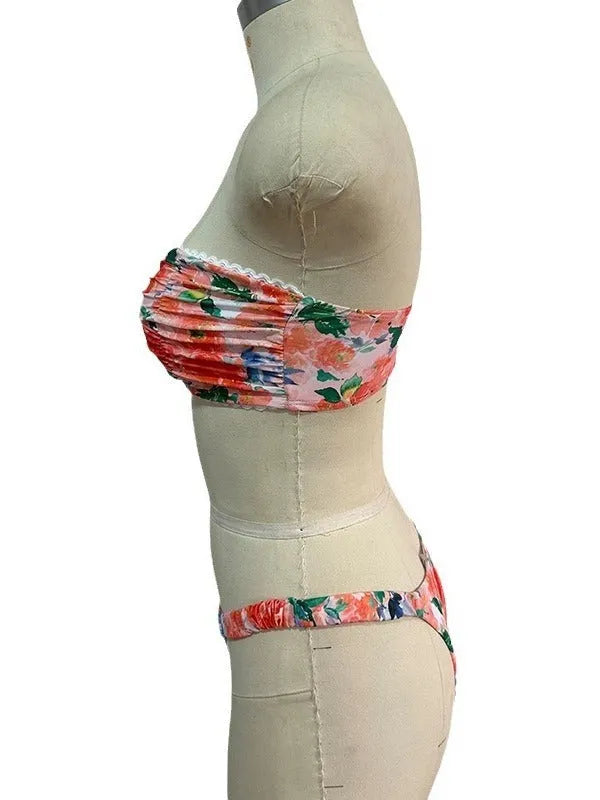 Floral printed tube top bikini set with lace trim in blue, pink, yellow colours