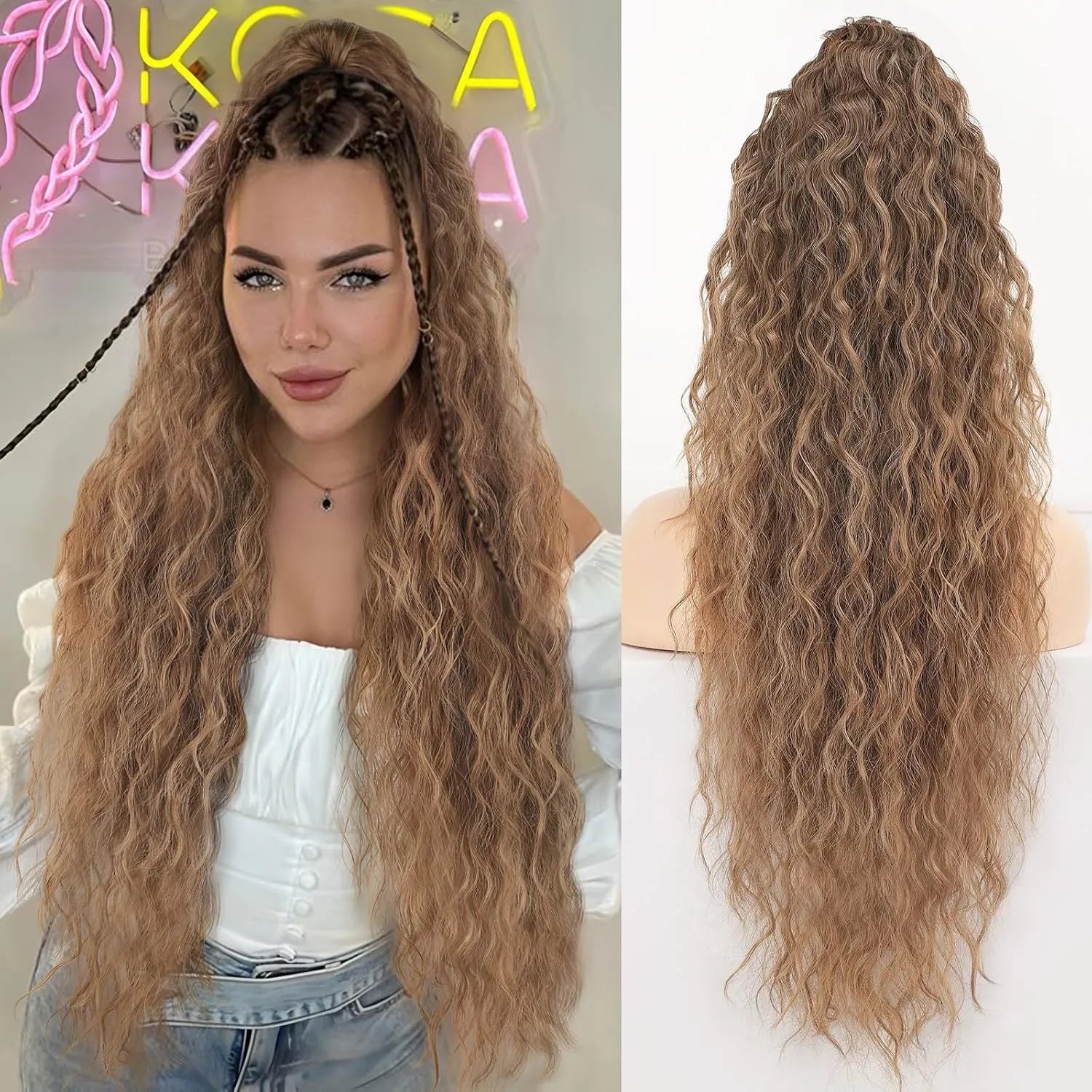 Long curly synthetic ponytail wig in high temperature fibre, 30 inches in length.