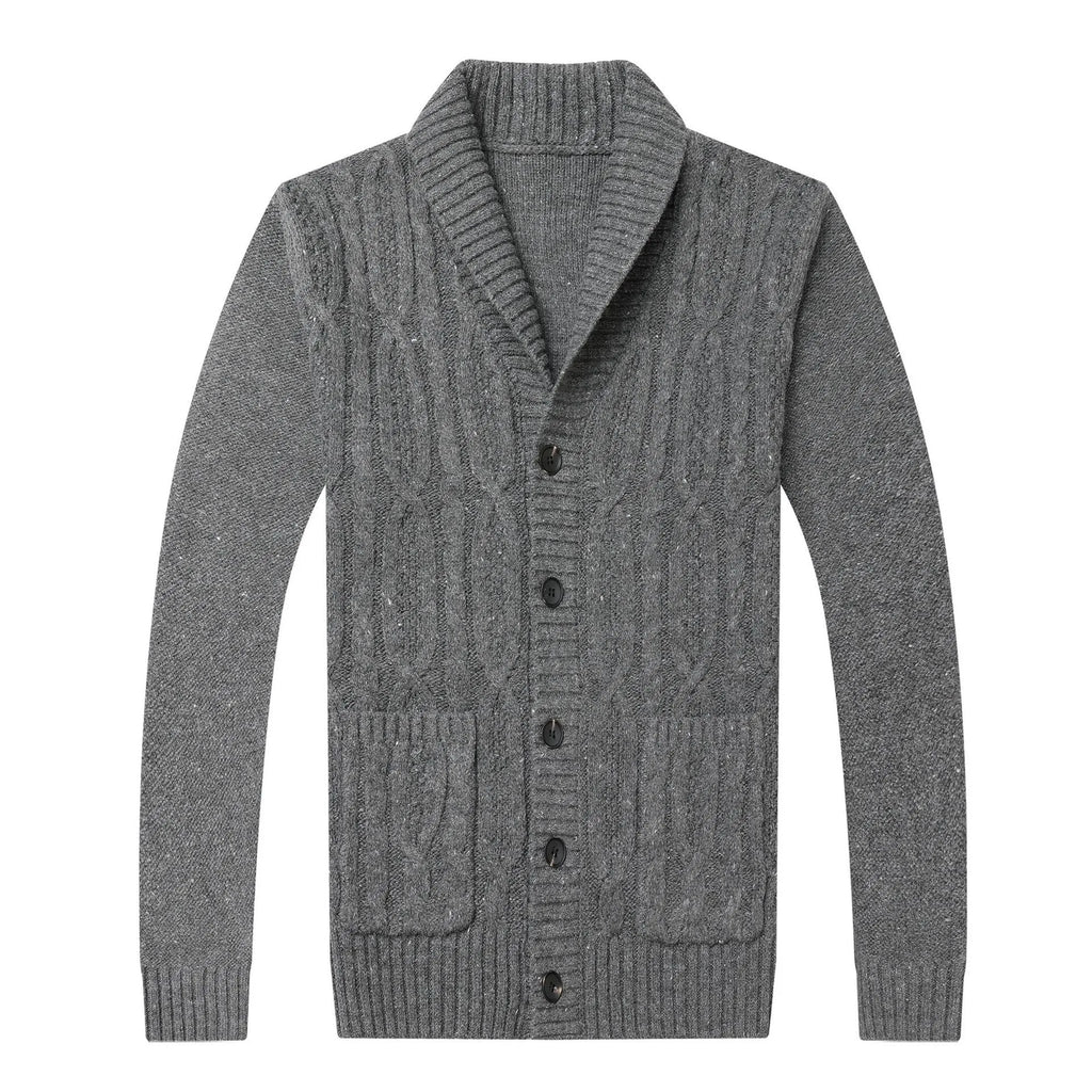 Men's black Korean style jacquard pattern knitted cardigan jacket on a hanger