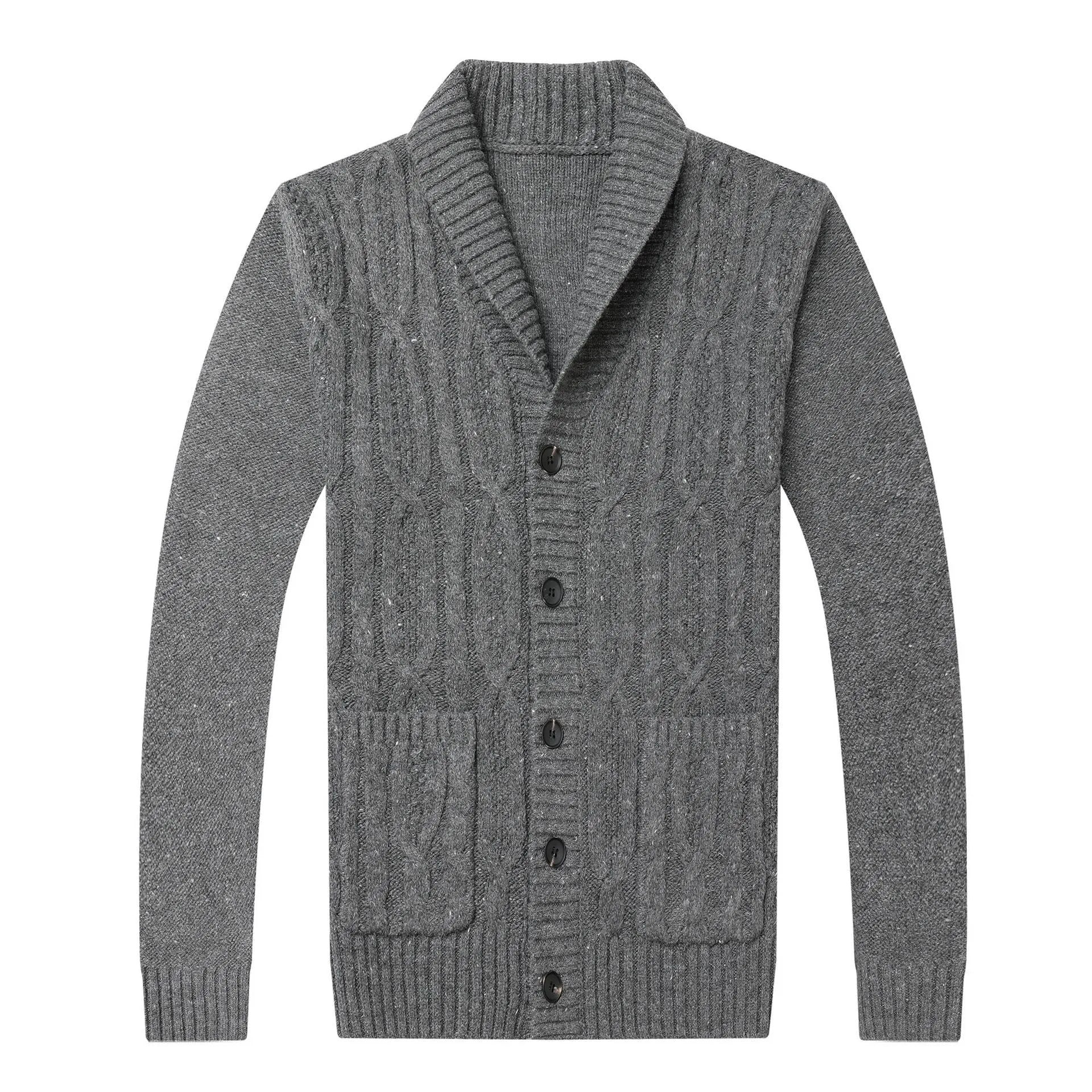 Men's black Korean style jacquard pattern knitted cardigan jacket on a hanger