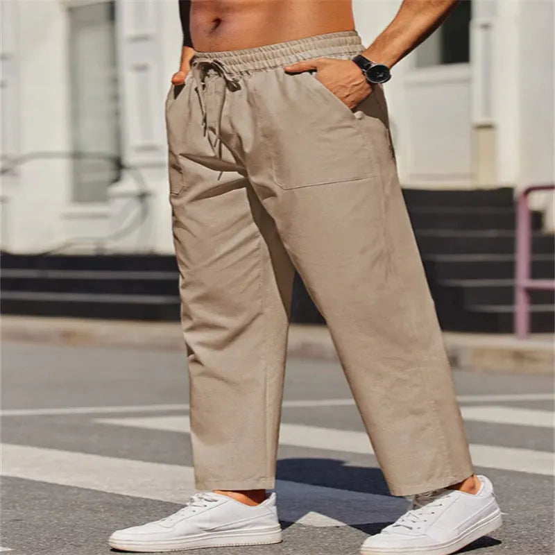 Men's straight-leg linen trousers with elastic waistband in seven colour options