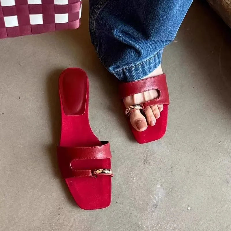 Square toe leather and rubber plus size outdoor slippers in red, shown from the side.
