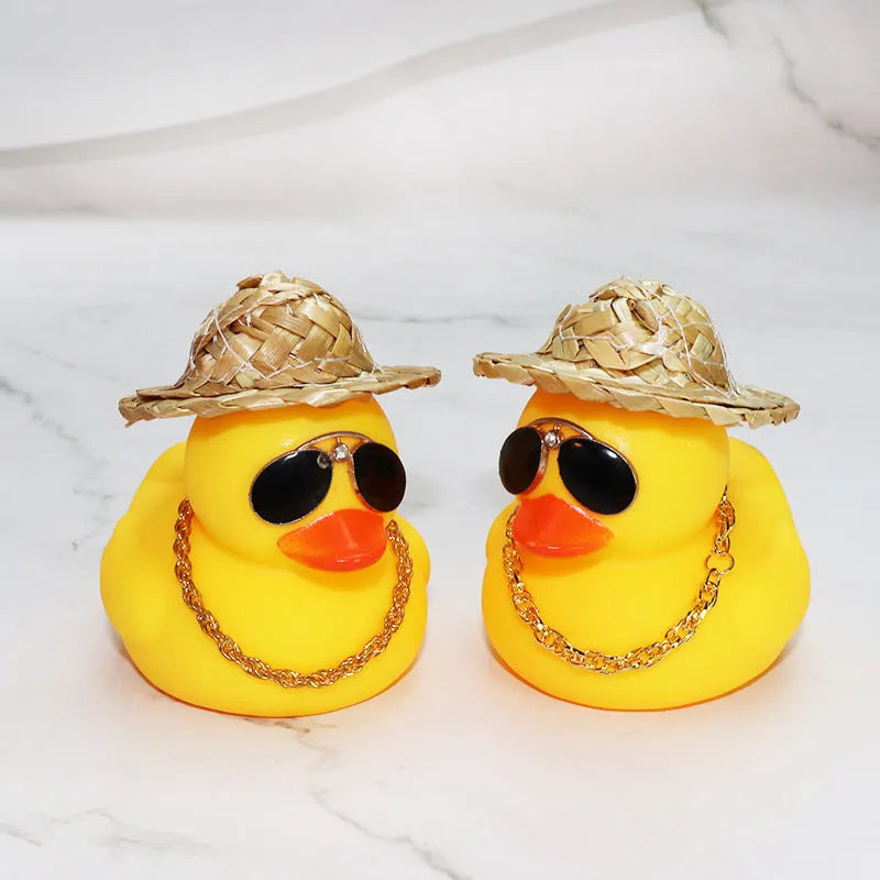 Cartoon straw hat yellow duck car ornament with matte finish, includes base glue and sunglasses necklace