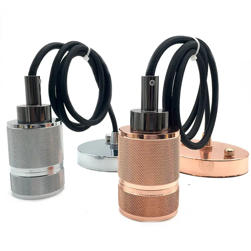 DIY retro chandelier ceiling light kit components in shiny black, rose gold, gold, and chrome finishes
