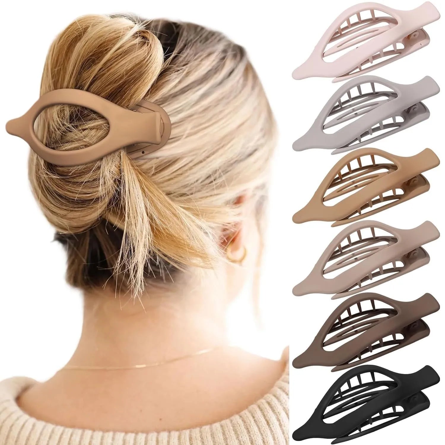 Six simple quadrilateral hair clips with frosted finish in nude and rose red colours