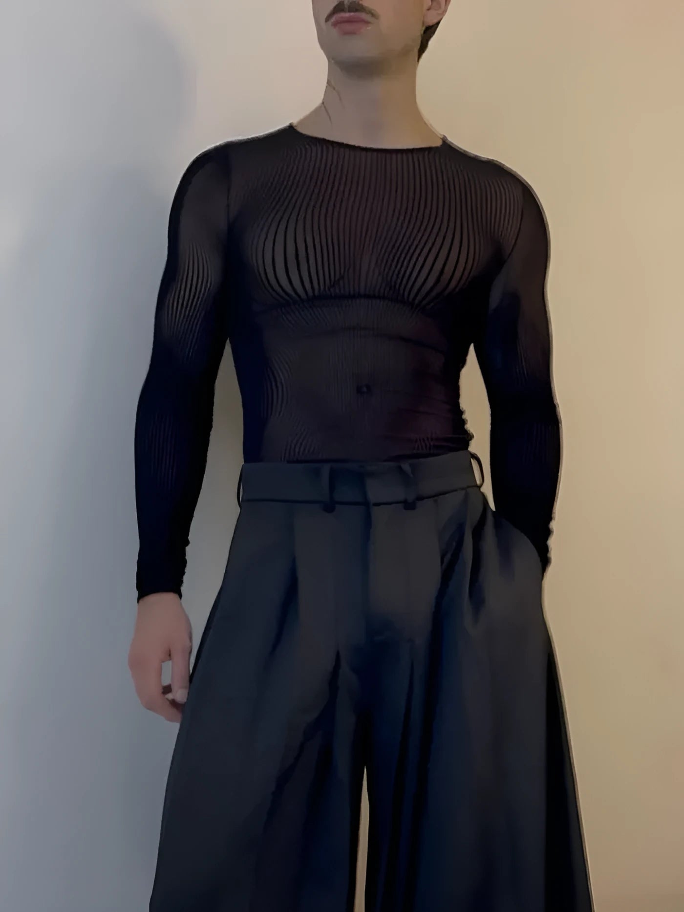Black mesh long-sleeve top with sheer striped design on a model, regular fit, polyester fabric