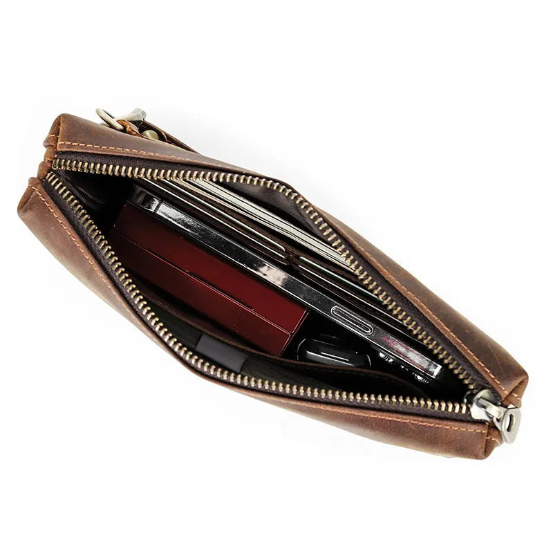 Vintage brown Crazy Horse leather crossbody mobile phone bag for big screen smartphones