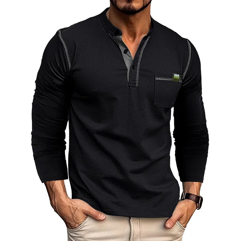 Men's long sleeve cotton blend pullover shirt in six colours: white, dark gray, black, wine red, sapphire blue, dark green. Asian sizes S-XXL.