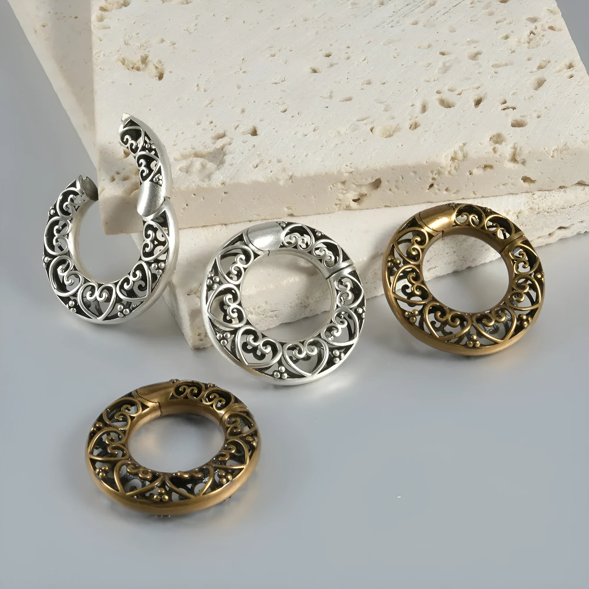 Retro heart-shaped hollow lotus magnetic earrings in antique silver or ancient gold finish