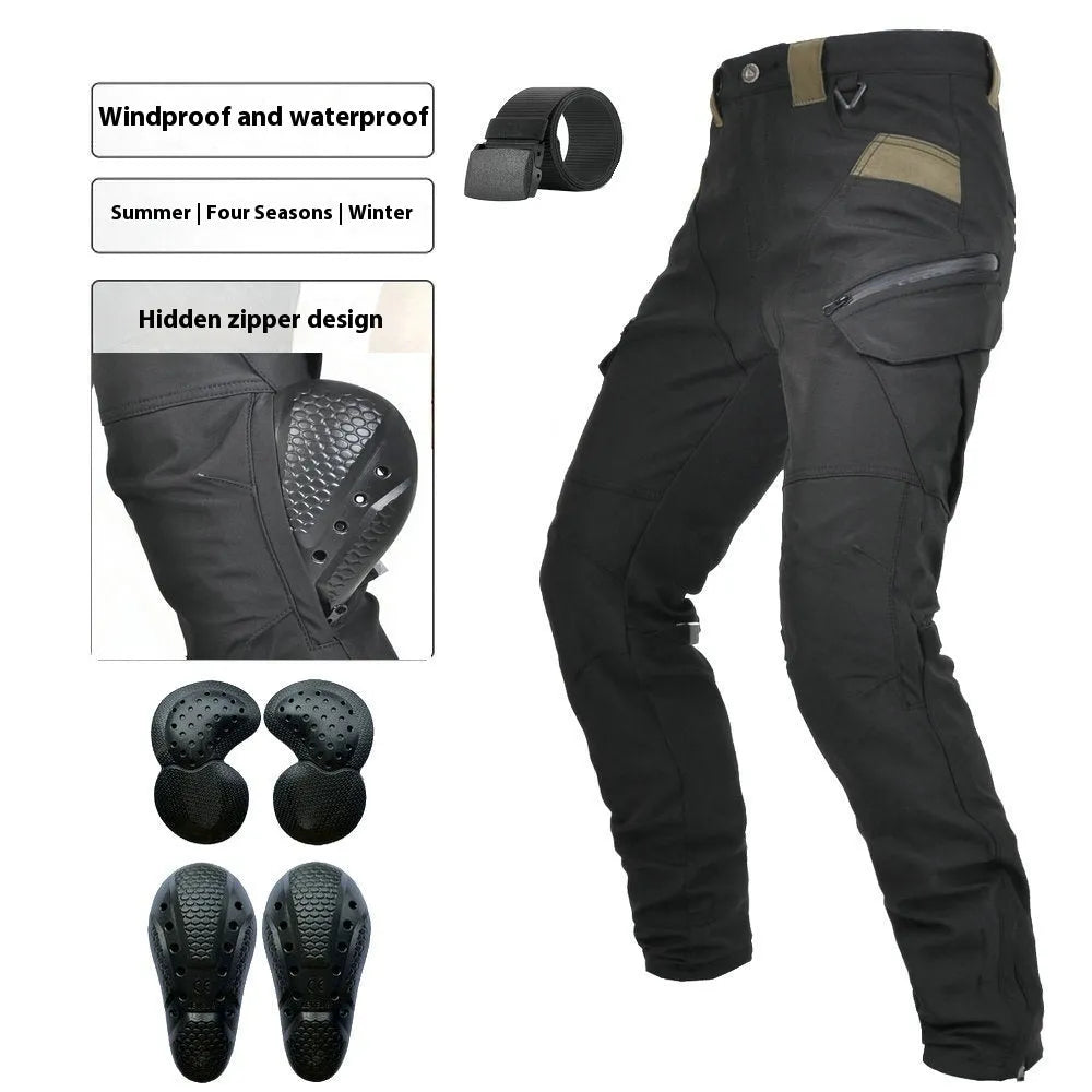 Men's solid-colour waterproof motorcycle trousers shown with a detachable belt and protective knee pads.