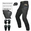 Men's solid-colour waterproof motorcycle trousers shown with a detachable belt and protective knee pads.