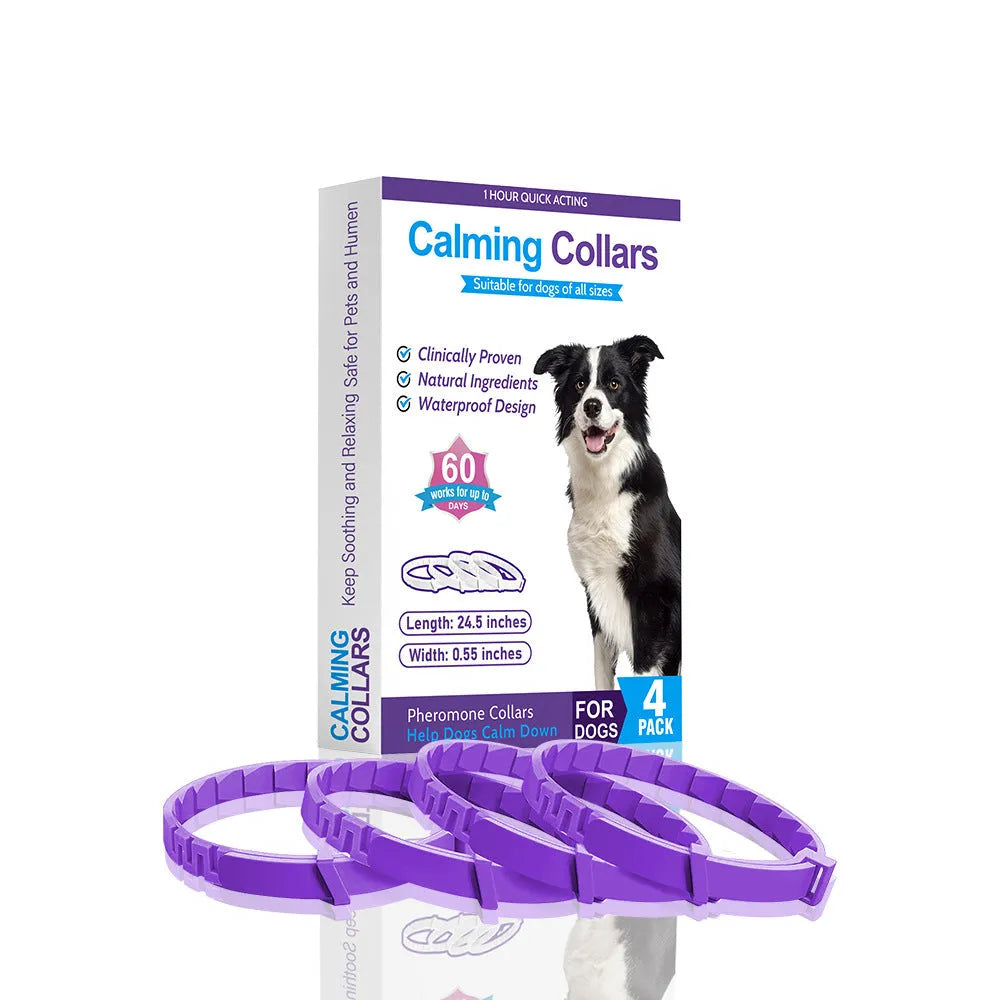 Set of four monochrome TPR dog calming collars in six colour options, each measuring 62 cm.