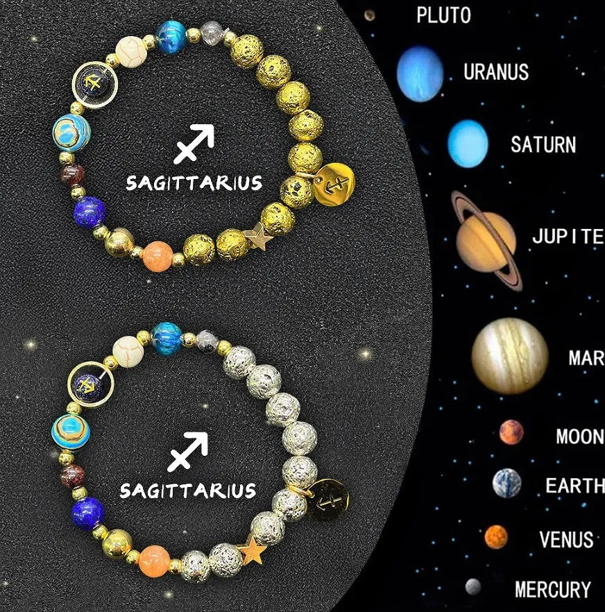 Two natural stone beaded bracelets showing different zodiac sign charms on a plain background.