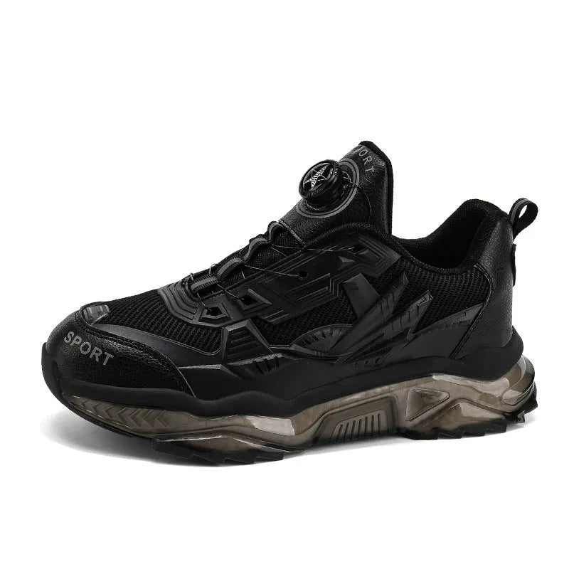 Men's black rotating button dad shoes with a mesh upper and platform sole