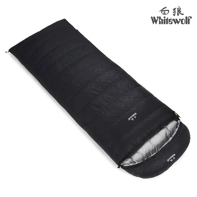 Black outdoor sleeping bag with envelope structure and white goose down filling.