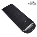 Black outdoor sleeping bag with envelope structure and white goose down filling.