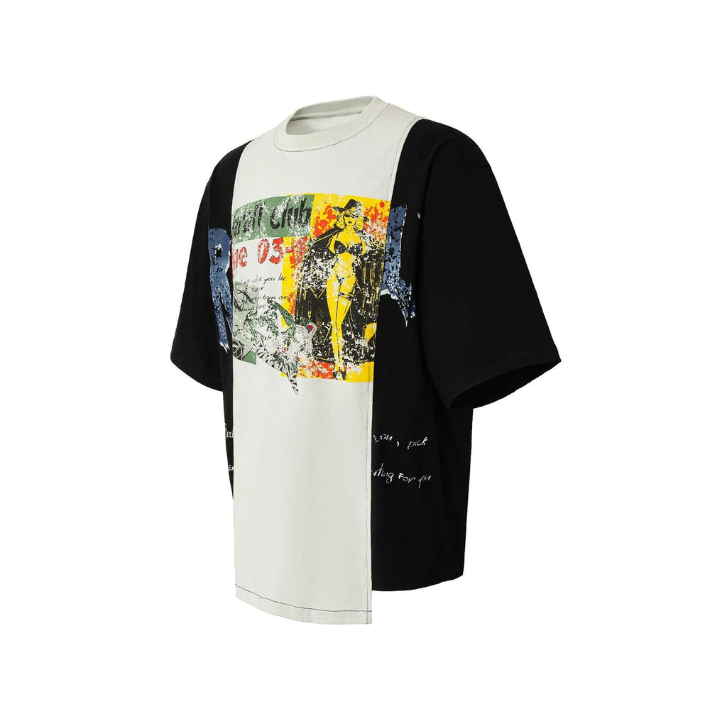Black and white deconstructed print cotton blend t-shirt with loose fit and short sleeves