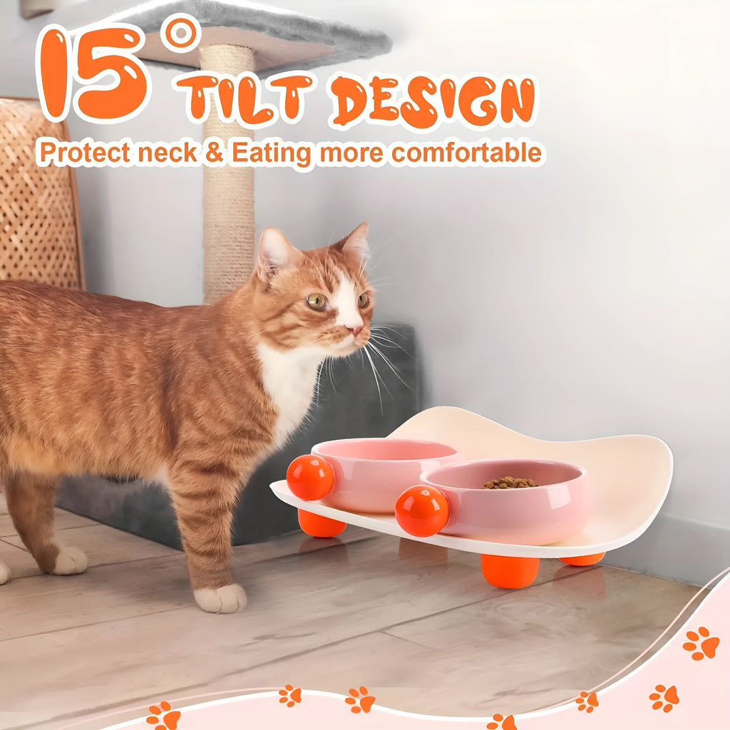 Ceramic raised pet feeding bowl set with two bowls and non-slip silicone supports in yellow colour
