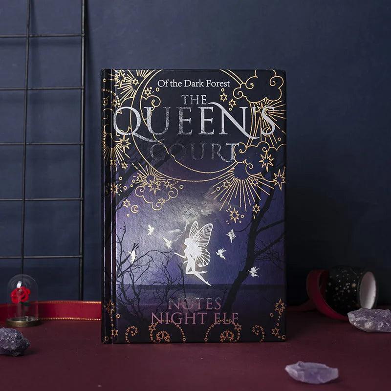 Blue and purple A5 hardcover notebooks with luminous fluorescent covers, open to show full-colour illustrated pages.