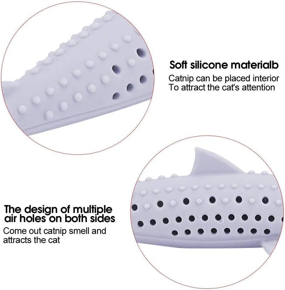 Green silicone fish-shaped cat chew toy with breathable side holes for catnip scent