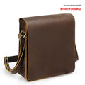 Vintage brown genuine leather crossbody bag for men with top grain finish and geometric pattern
