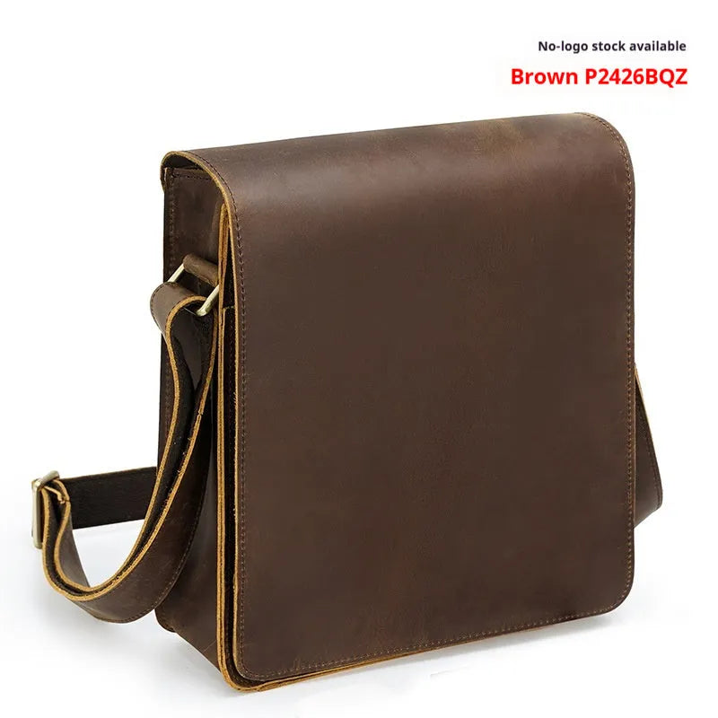 Vintage brown genuine leather crossbody bag for men with top grain finish and geometric pattern