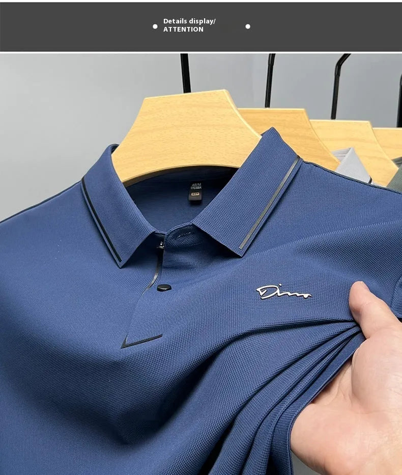 Men's ice silk short sleeve polo shirt in khaki with shirt collar, loose fit summer top