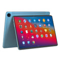 Bare metal blue 10-inch tablet with attached leather keyboard case on a desk.
