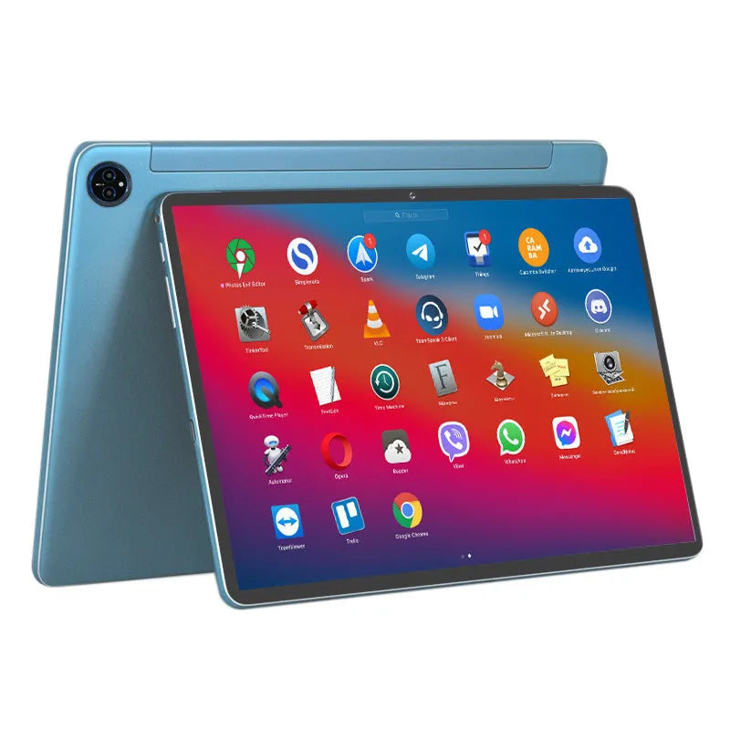 Bare metal blue 10-inch tablet with attached leather keyboard case on a desk.