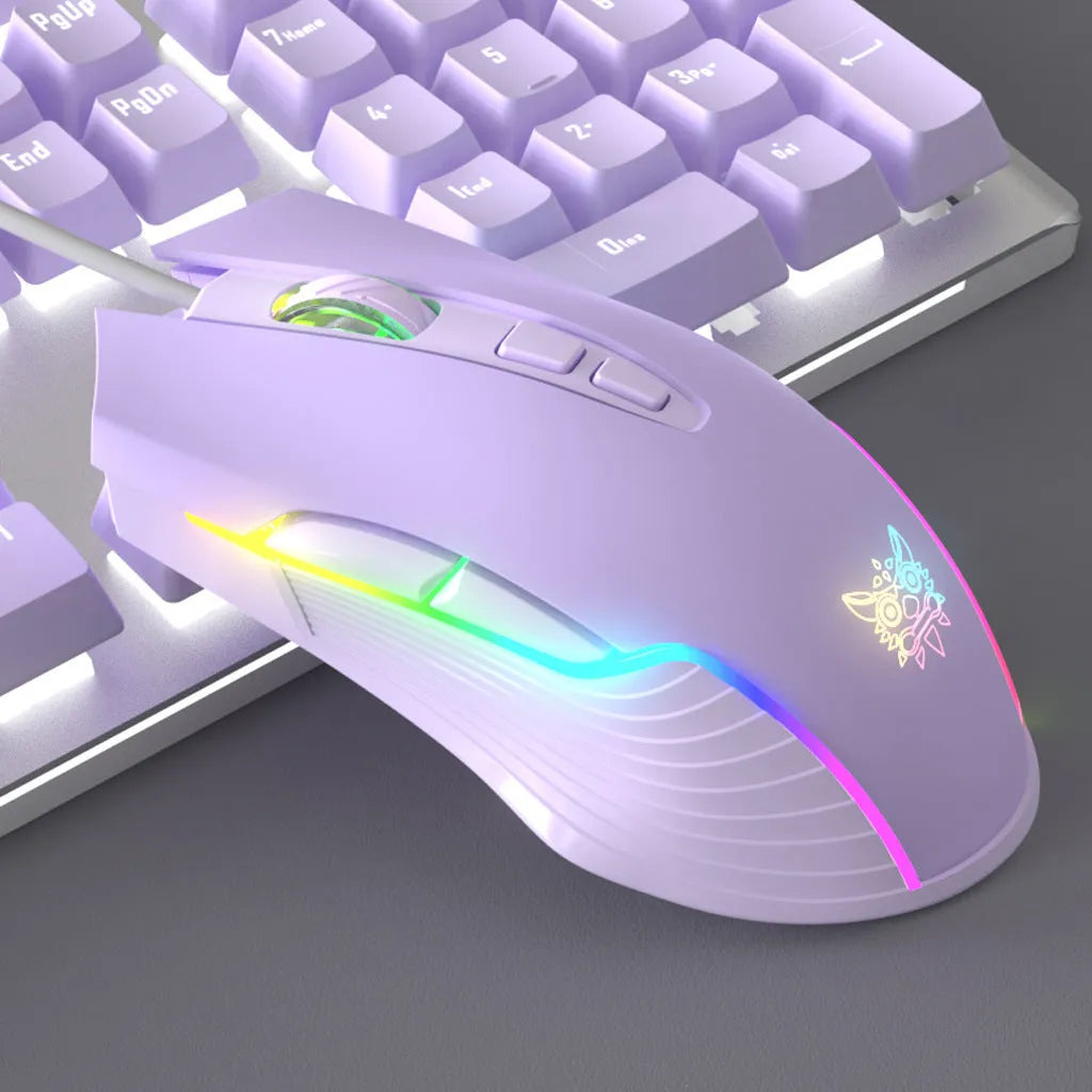 Purple and white mechanical keyboard and mouse combo with backlight illumination and headphones