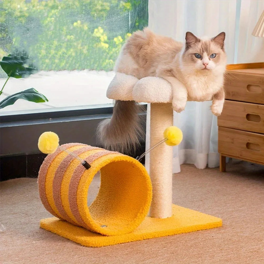 Yellow cat scratching post climbing frame with sisal board and fabric tunnel