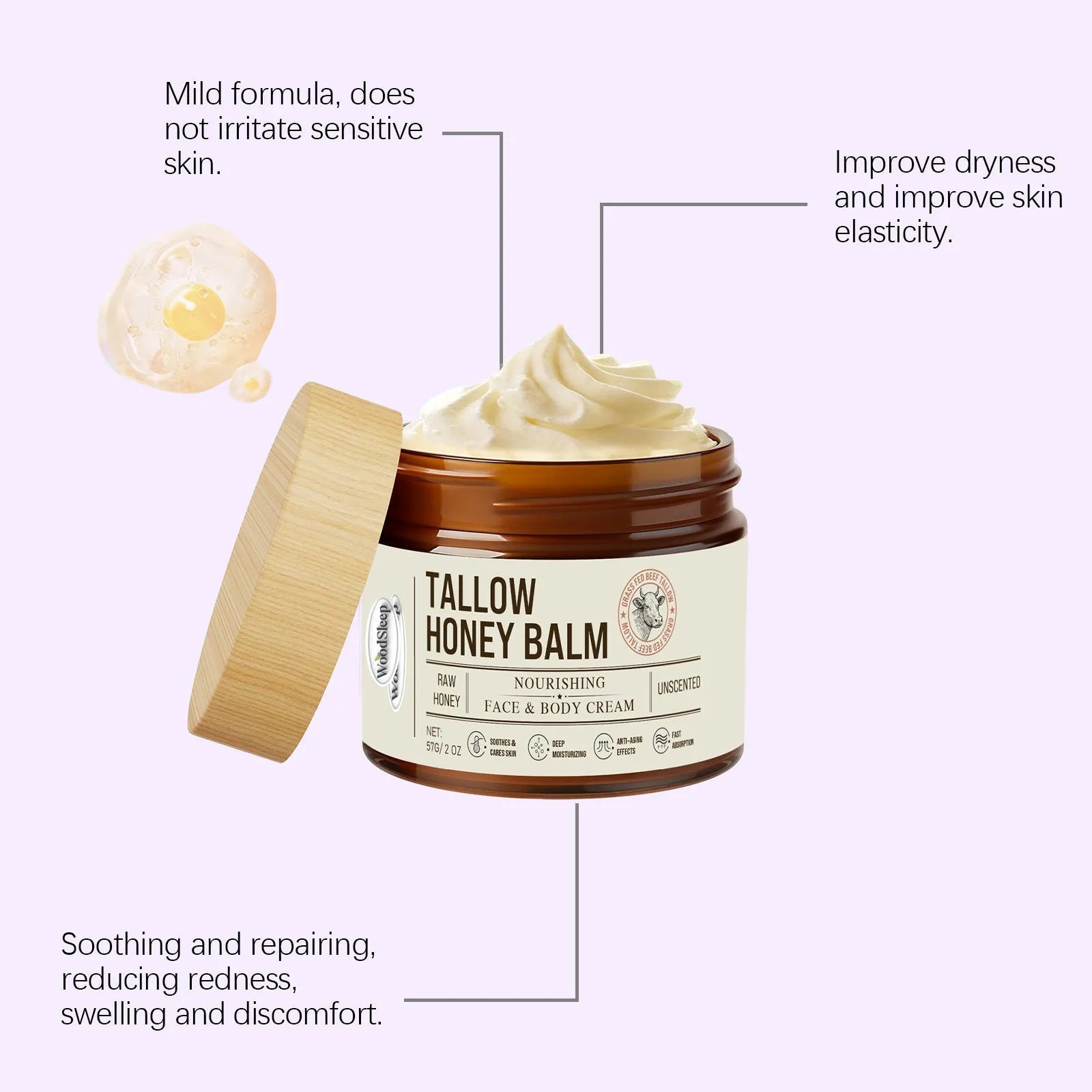 57g jar of tallow honey moisturising cream for dry skin relief and elasticity restoration