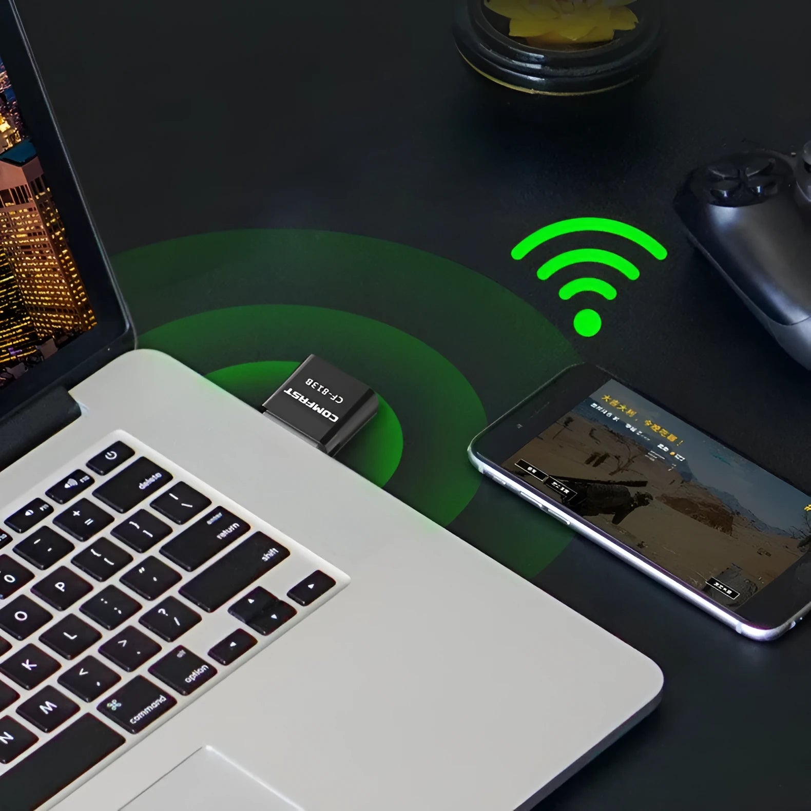 Black dual-band USB Wi-Fi and Bluetooth adapter with nickel-plated connector for computers