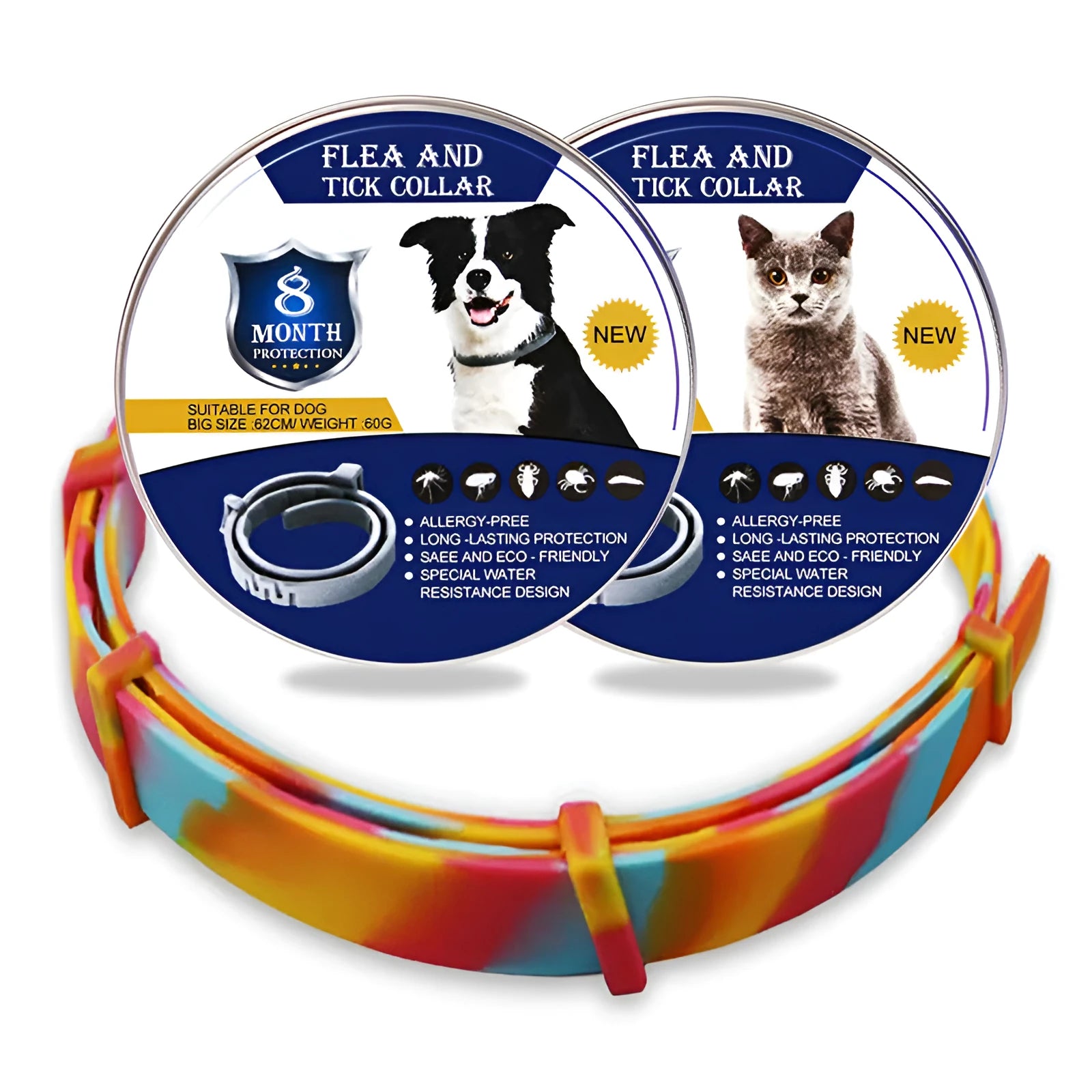 Rainbow plastic flea collar for cats and dogs, showing 38cm and 62cm sizes.