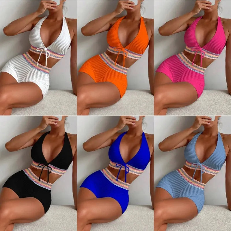Women's high-waisted bikini swimsuit in polyester with striped or solid pattern in multiple colours