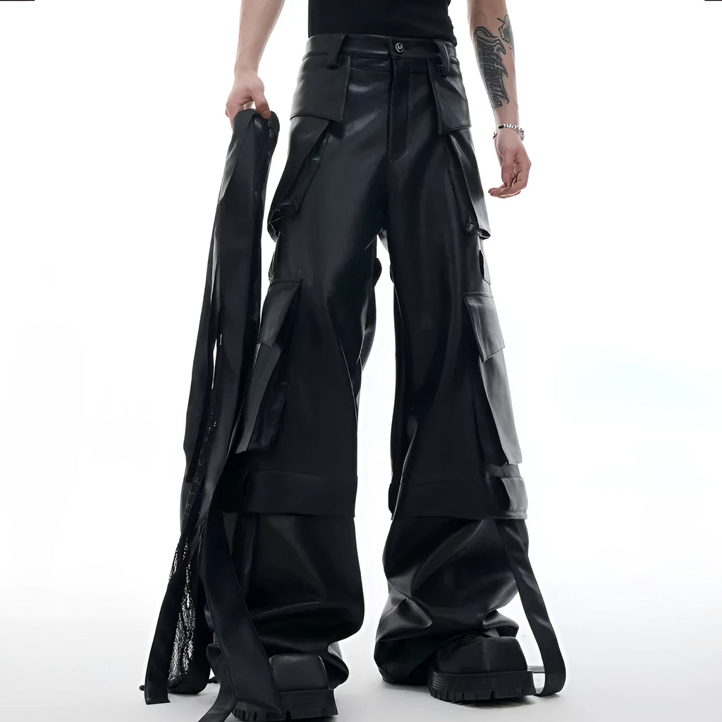 Black quilted leather pants with multiple pockets and decorative stitching ribbon details