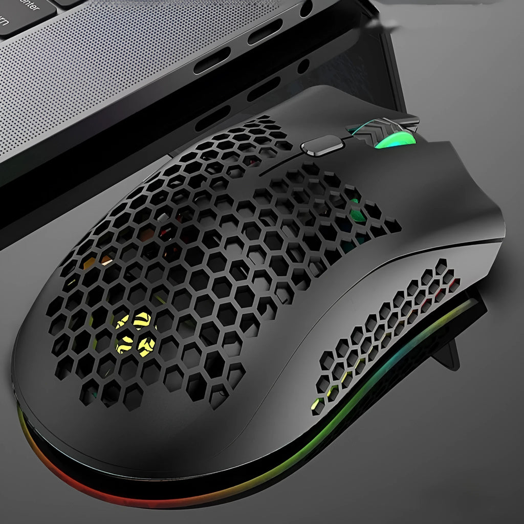 BM600 hollow out honeycomb wireless gaming mouse in black, cyan, or white colour with USB receiver.