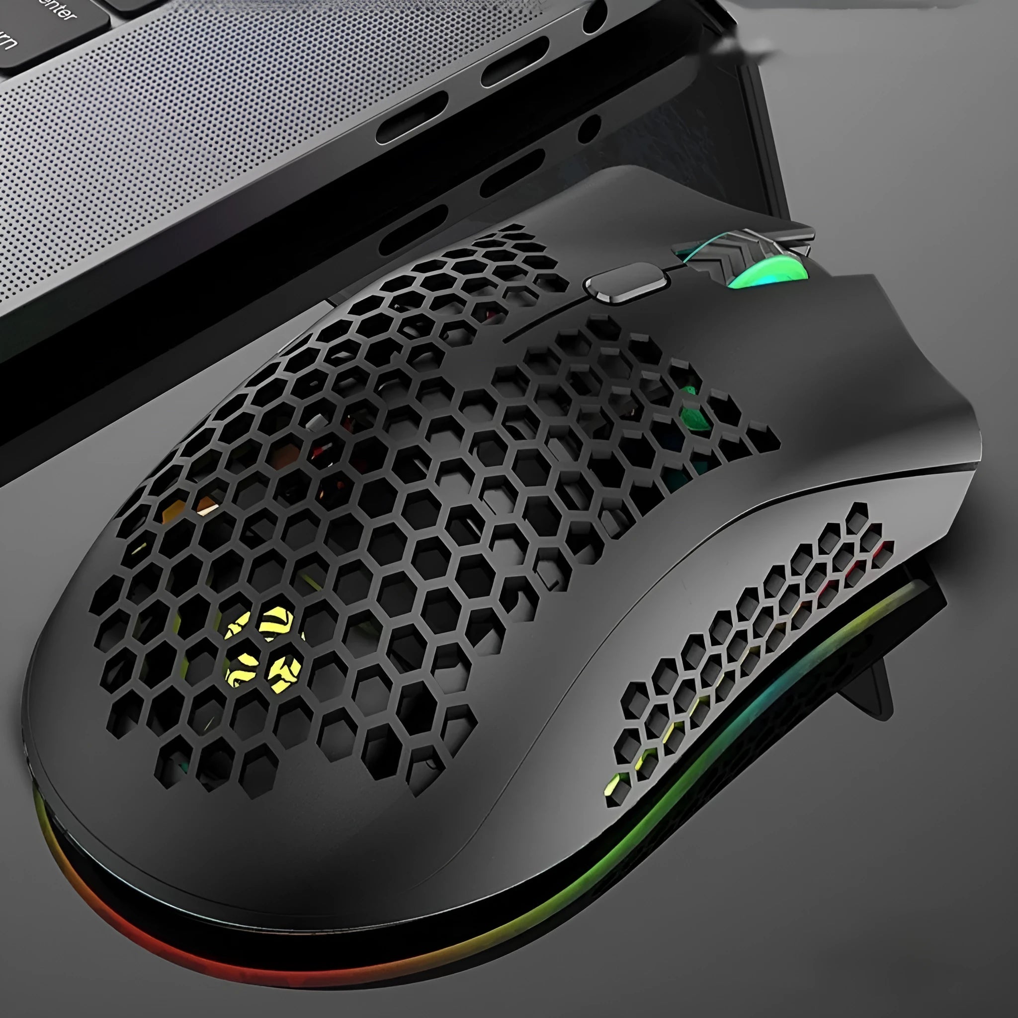 BM600 hollow out honeycomb wireless gaming mouse in black, cyan, or white colour with USB receiver.