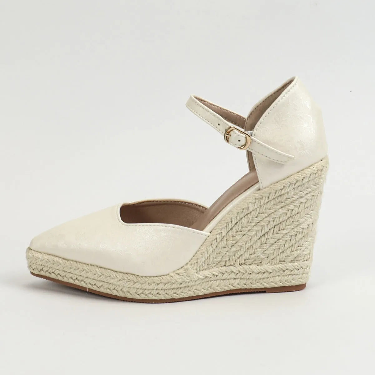 Wedge platform high heel pumps with straw woven hemp rope bottom, pointed toe, hollowed sides, in black