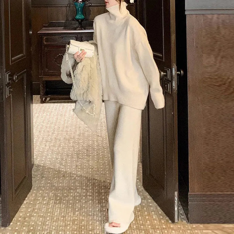 Women's casual long-sleeve sweater and wide-leg trousers co-ordinated set.